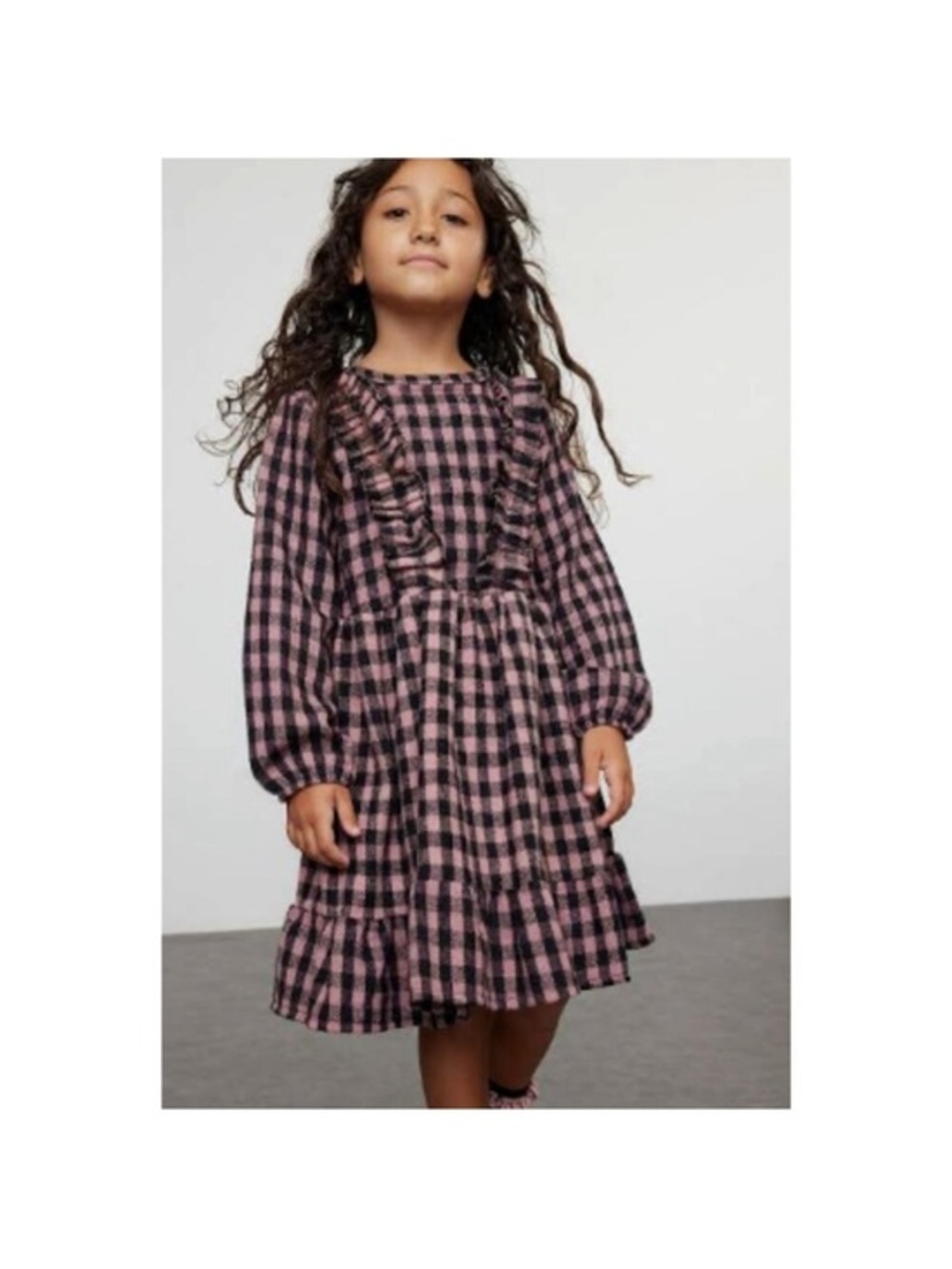 Boden Pink and Blue  Gingham Ruffle Long-Sleeve Dress Size 11/12 Y (152cm) girls
